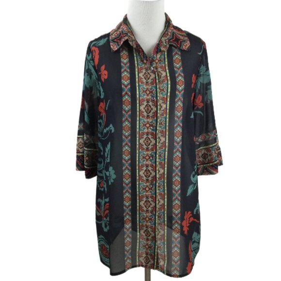 Soft Surroundings Black Tribal-Print Semi Sheer Button Up Top s/p - Picture 9 of 9